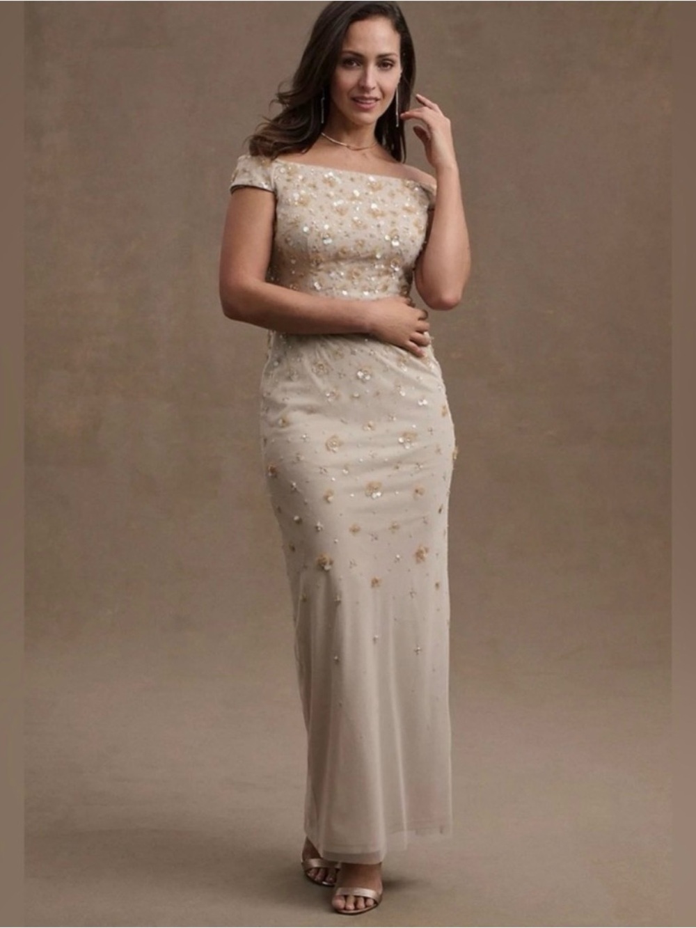 BHLDN Cream Off-Shoulder Embellished Maxi Dress